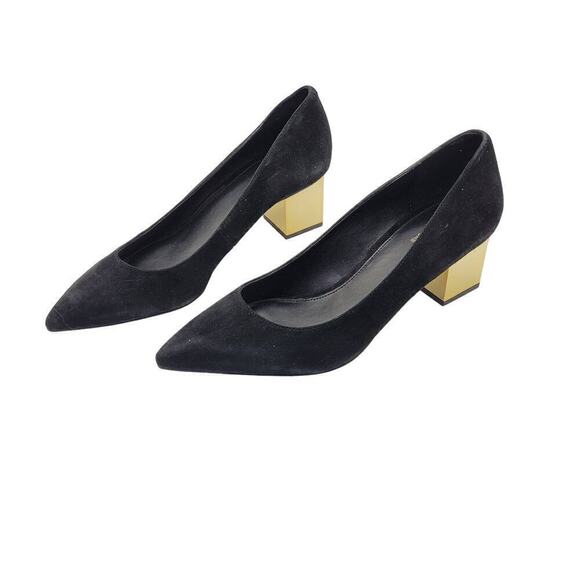 Michael Michael Kors NIB Suede Petra Pumps Black Gold Block Heel Slip On Size 7M - Picture 11 of 14